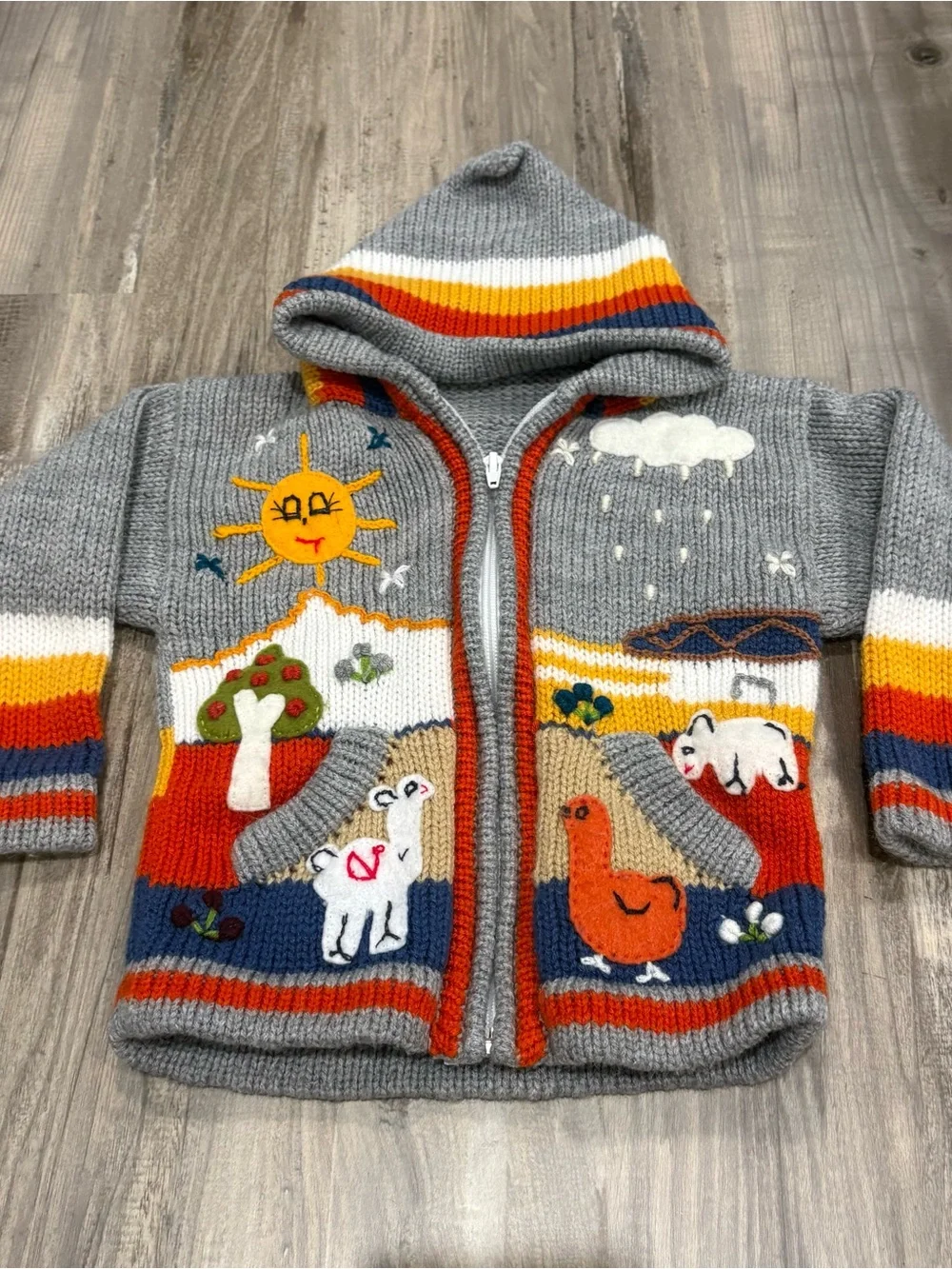 Handmade Peruvian Full Zip Hooded Sweatshirt Farm Animals SZ 2T
